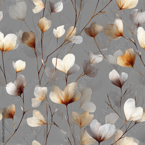 Delicate botanical sprig seamless pattern with light beige and brown floral elements on soft gray background, creating romantic and elegant design for various decorative uses