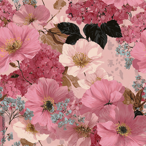 Pink floral pattern with large and small flowers, soft petals, and delicate leaves creating romantic and elegant garden design full of natural beauty and gentle colors