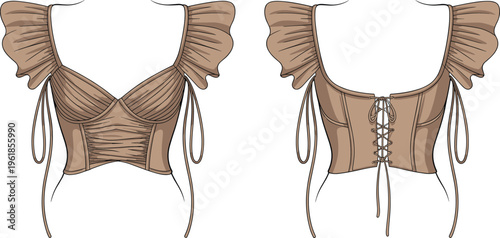 Cropped blouse fashion design, puff sleeve top, sweetheart neckline, lace-up back, garment detail, cad drawing flat vector illustration