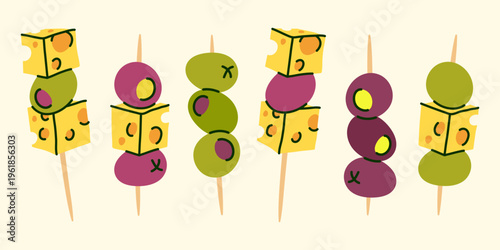 Cheese, olives and grapes on skewers. Hand drawn appetizer canapes for party food or snack design.