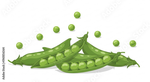 Fresh green peas and pods on white background healthy food concept with vibrant illustration