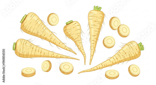 Parsnips and sliced parsnip rounds on white background fresh vegetable illustration