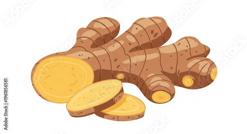 Fresh ginger root with sliced pieces on white background for culinary and health concepts