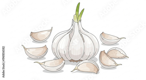 Fresh whole and cloves of white garlic bulb with green shoots on a clean white background for cooking and recipe concepts