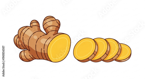 Fresh ginger root with slices on white background illustrating healthy food and spice ingredients