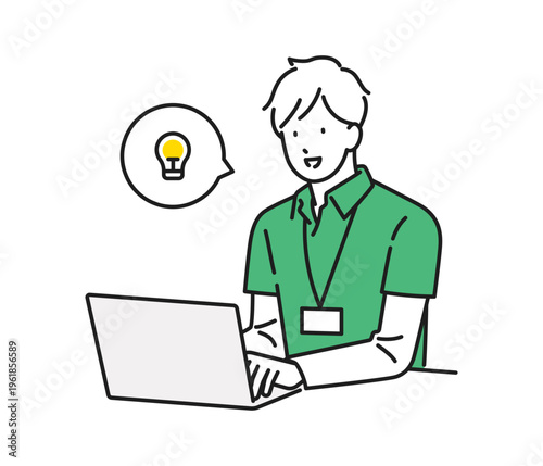 イラスト素材：デスクワーク中にアイデアをひらめいた男性介護職員