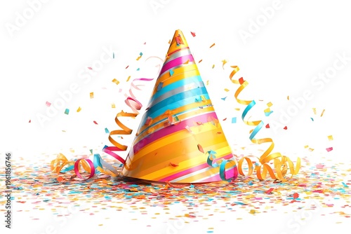 Colorful striped birthday party hat with streamers isolated on white background, celebration clip art
