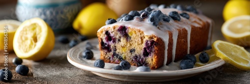 Close up of a blueberry and lemon bread displaying a slice, covered in sweet icing and fresh berries, on a plate