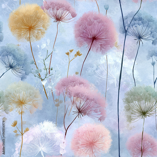 Soft pastel dandelion flowers with delicate stems create gentle watercolor meadow pattern, evoking calm and peaceful natural beauty in light, airy composition