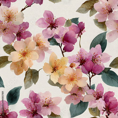 Watercolor floral pattern with soft pink and peach blossoms and green leaves on textured white background, evoking gentle and elegant springtime feeling