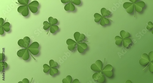 A vibrant green background with a pattern of four-leaf clovers scattered across it, shamrock plant