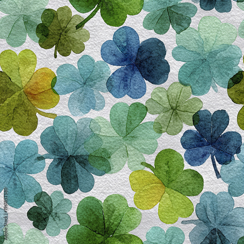 Watercolor pattern of four leaf clover in various shades of green and blue, creating soft, overlapping tile design with natural and lucky charm feel