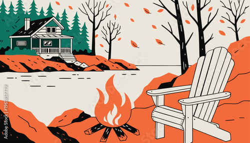 Grunge vector illustration of a scary Halloween night landscape featuring a silhouette of a woman and autumn trees against a glowing orange sunset sky