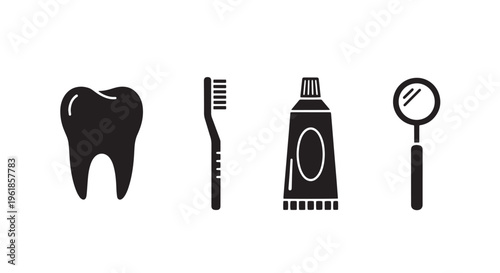 Dental Care Icon Set with Tooth, Toothbrush, Toothpaste Tube, and Dental Mirror in One Row, Simple Black Flat Vector Pack