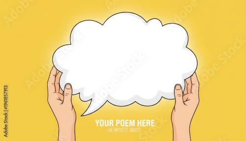 Hand Holding White Speech Bubble Cutout on Yellow Background