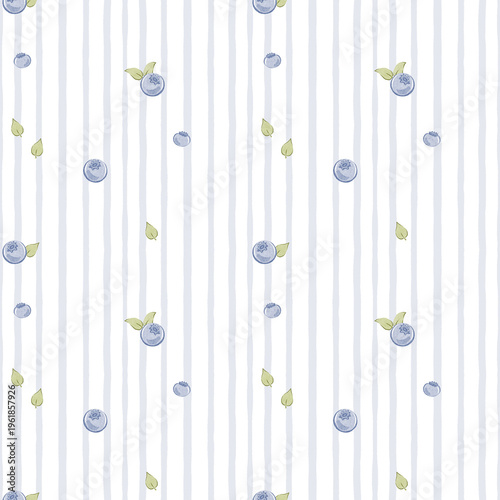 Watercolor seamless pattern with blueberries and flowers