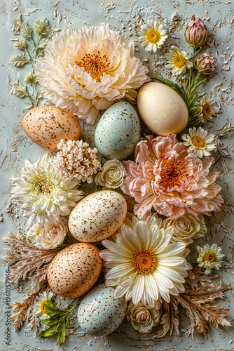 Romantic spring Easter composition with peonies, speckled eggs and daisies, luxury floral holiday background