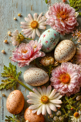 Luxury Easter still life with peonies and speckled eggs on wooden table, elegant spring floral decoration