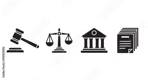Law Justice Icon Set with Judge Gavel, Scale, Courthouse, and Legal Document in One Row, Solid Black Minimal