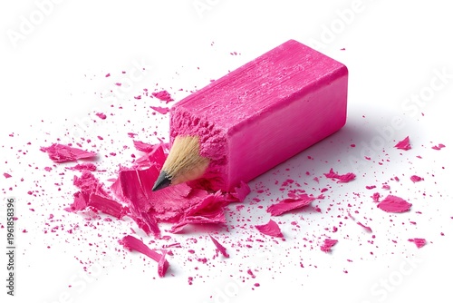 Creative pink pencil carved from a solid block with shavings isolated on white background, clip art
