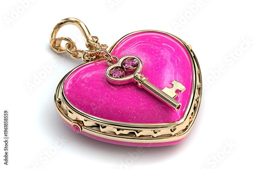 Gold and pink heart shaped locket with a golden key isolated on white background, jewelry clip art
