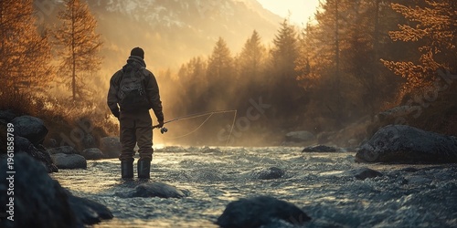 Person wearing waders stands fly-fishing in cold mountain stream surrounded by autumn foliage, rocky cliffs, and mist-covered peaks in background. Generative by AI.