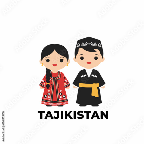 Fotografi Tajikistan Couple in Traditional National Clothing Vector