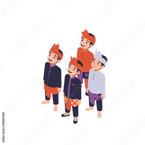 Balinese boys in traditional clothing looking up isolated