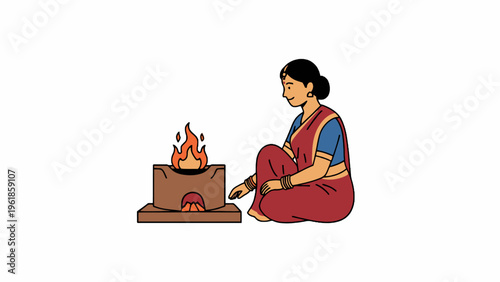 Indian woman cooking on traditional clay mud stove illustration