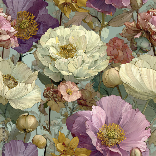 Vintage floral pattern with pastel peony and poppy flowers in soft muted colors, creating refined botanical design full of delicate beauty and elegance