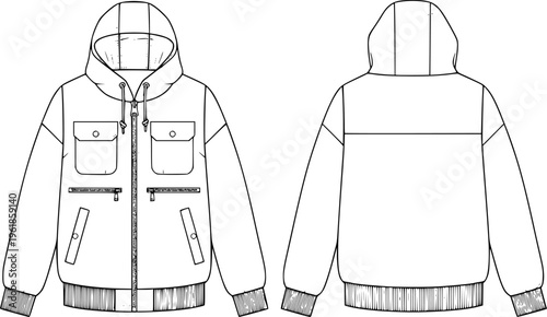 Fashion technical sketch of a zip-up hooded bomber jacket, front and back view minimalist apparel template vector illustration isolated on white.