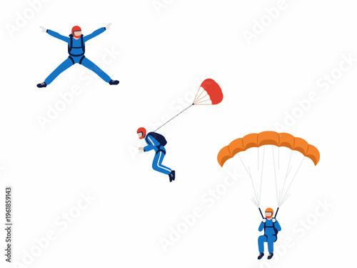 Skydiving set with parachutists in freefall and under canopy