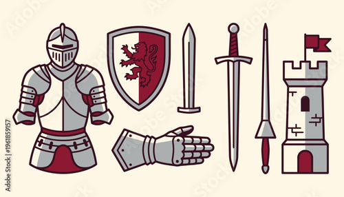Medieval knight armor and weaponry set illustration