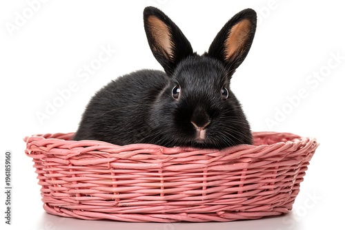 Cute black baby rabbit sitting in a pink wicker basket isolated on white background, clip art
