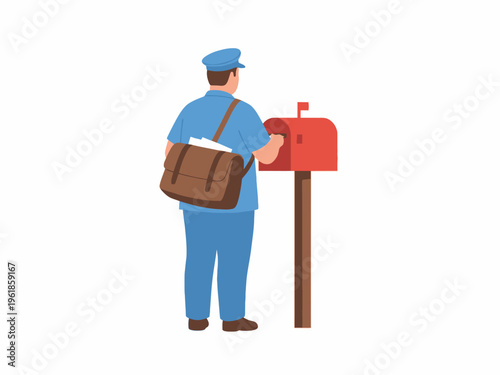 Postman delivering mail into red mailbox isolated on white