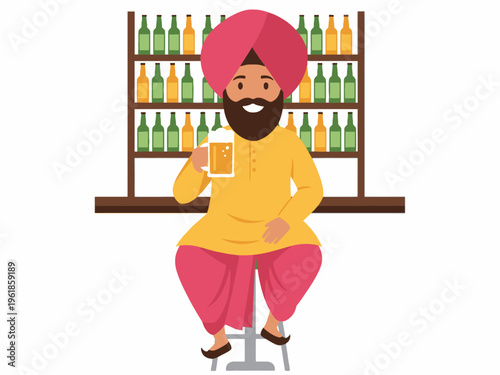 Sikh man in turban holding beer mug at bar vector illustration