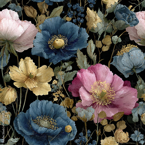 Vintage floral pattern with large blue, pink, and yellow poppy flowers and green leaves on black background, creating luxurious and elegant botanical design