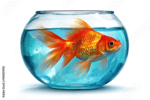 Goldfish swimming in a round glass fishbowl with blue water isolated on white background, clip art
