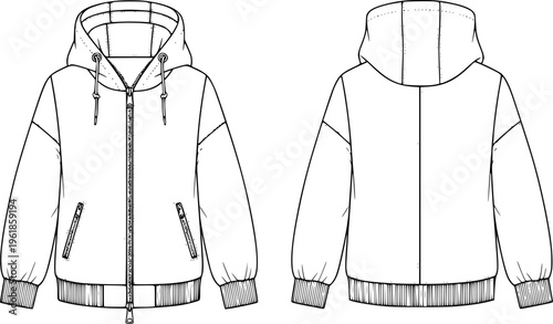 Fashion technical sketch of a zip-up hooded bomber jacket, front and back view minimalist apparel template vector illustration isolated on white.