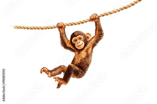 Cute baby monkey hanging and playing on a rope isolated on white background, animal clip art
