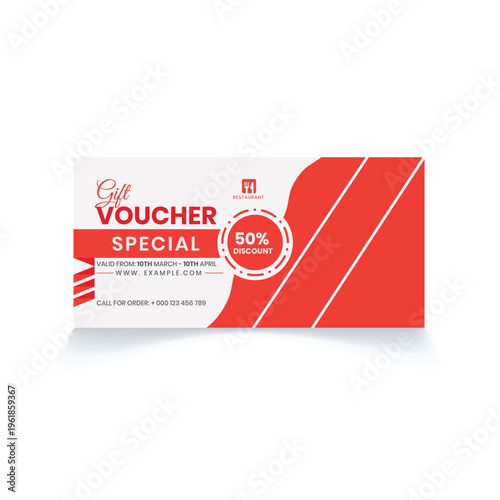A minimalist restaurant gift voucher template featuring a bold fifty percent discount offer design