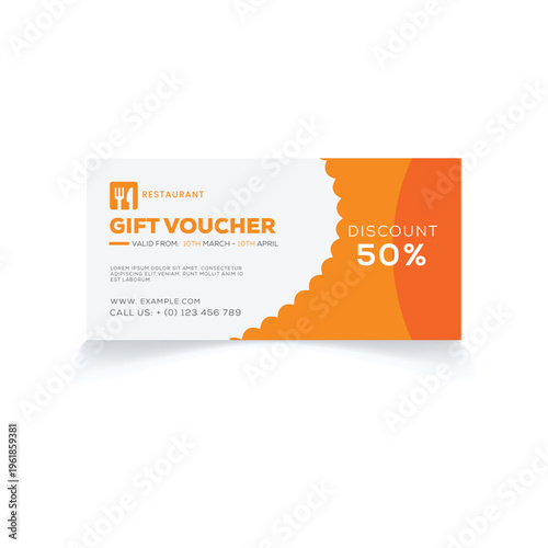 A minimalist restaurant gift voucher template featuring a bold fifty percent discount offer design