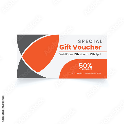 A minimalist restaurant gift voucher template featuring a bold fifty percent discount offer design