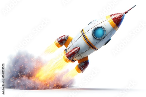 Cartoon space rocket launching with fire and smoke isolated on white background, 3D clip art
