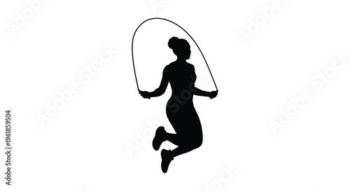 A young woman joyfully jumps rope captured in black silhouette