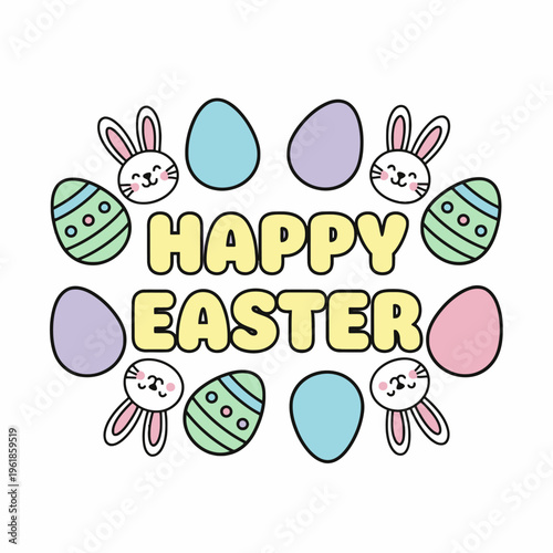 Happy Easter Greeting with Kawaii Bunnies and Pastel Eggs