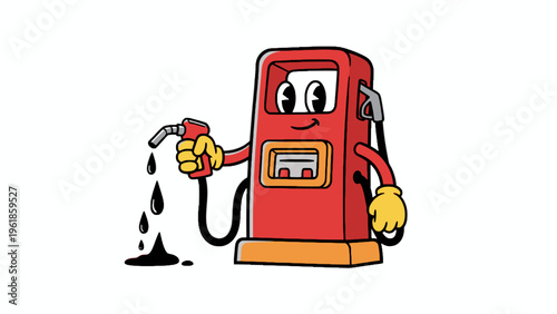 Vintage gas station pump mascot holding fuel nozzle with oil drops