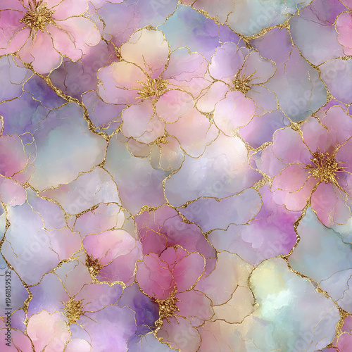 Soft pastel floral pattern with gold accents, featuring delicate pink, purple, and blue flowers creating elegant and luxurious seamless design full of gentle beauty and refinement