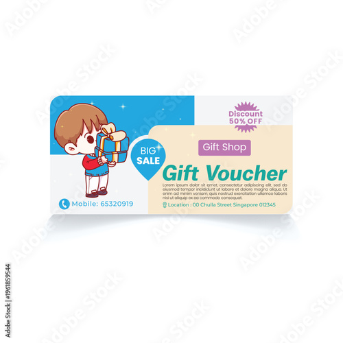 A minimalist restaurant gift voucher template featuring a bold fifty percent discount offer design