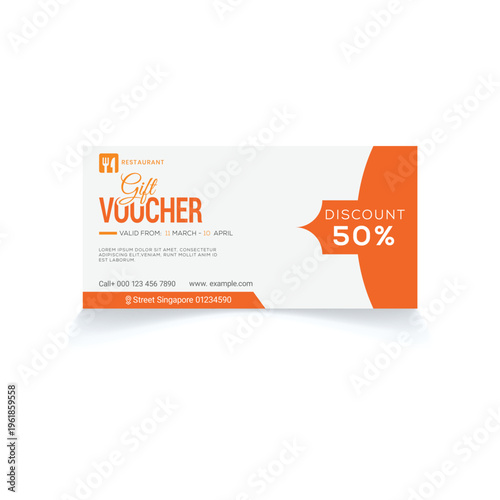 A minimalist restaurant gift voucher template featuring a bold fifty percent discount offer design